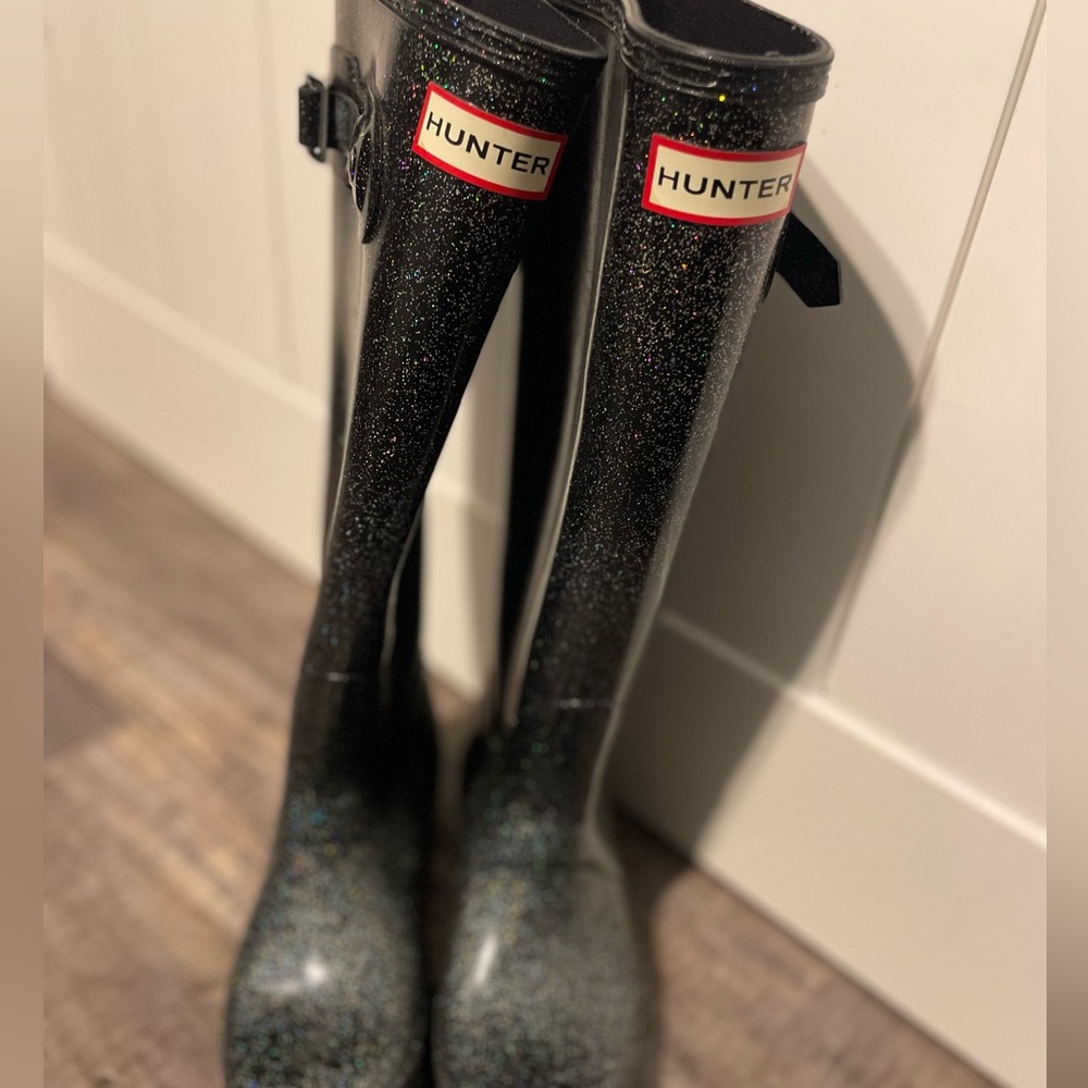 HUNTER Original Starcloud Sparkling Black Tall rain boots women’s shoe sz 6